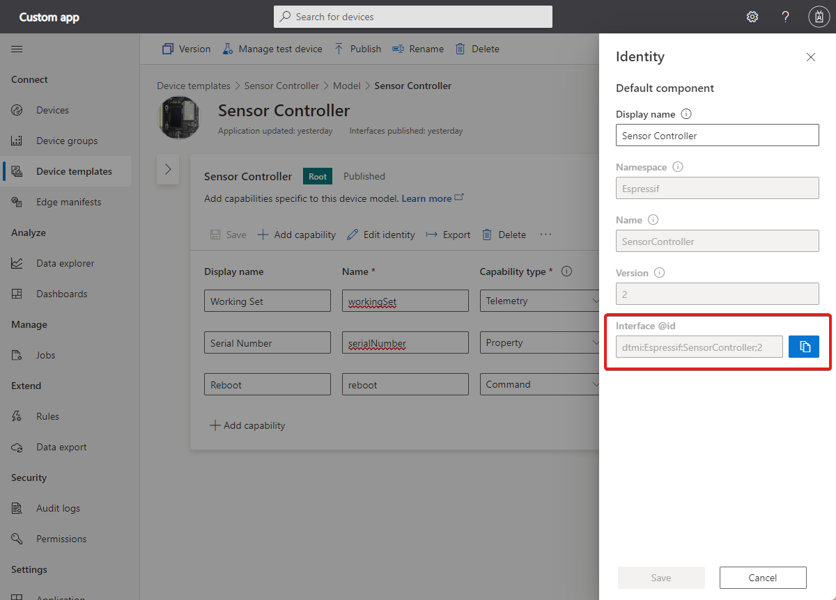显示恒温器设备模板中的模型 ID 的屏幕截图。