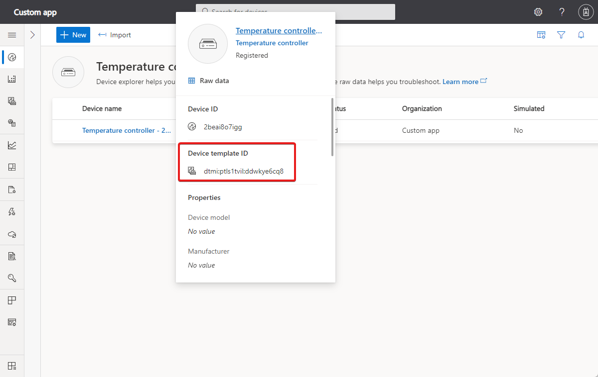 显示如何在页面 URL 中查找设备模板 ID 的屏幕截图。