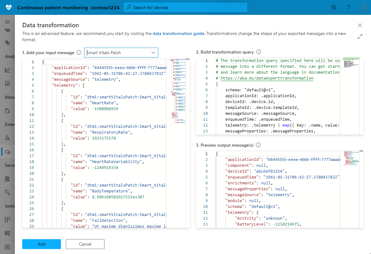 IoT Central 中的转换编辑器的屏幕截图。
