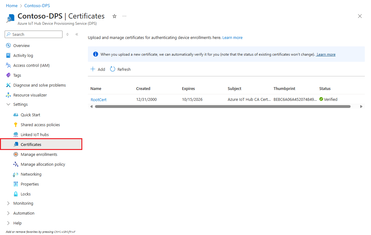 显示 Azure 门户中的“证书”页的屏幕截图。