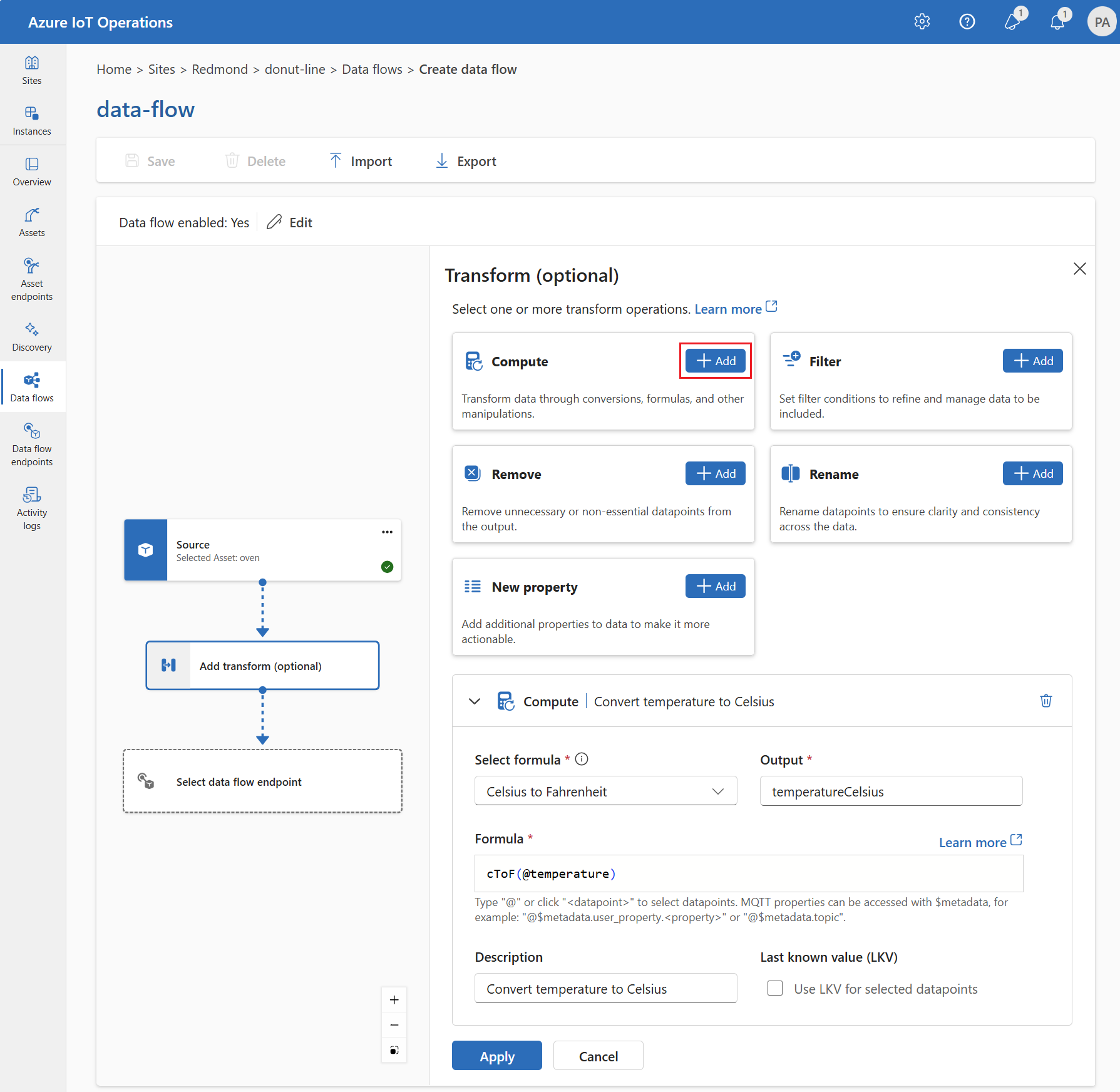 使用操作体验添加计算转换的屏幕截图。