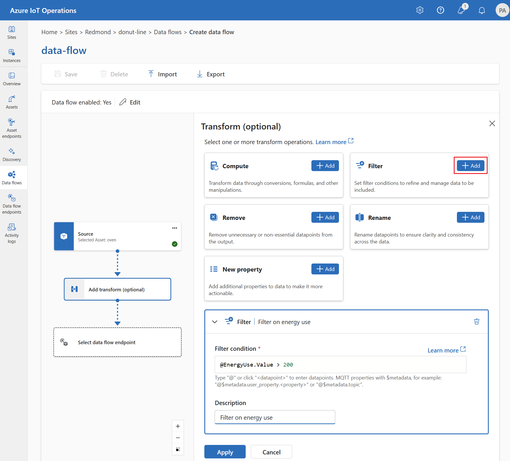 使用操作体验添加筛选器转换的屏幕截图。