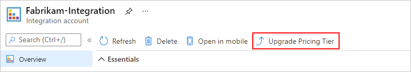 屏幕截图显示集成帐户、“概述”页面和选定的“升级定价层”选项。