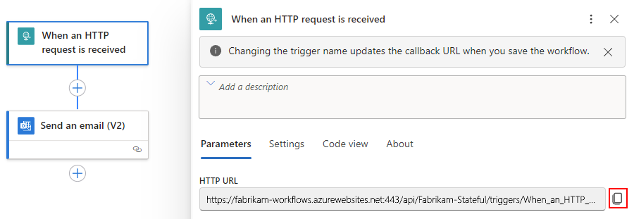 屏幕截图显示了工作流设计器，其中包含名为 HTTP URL 的属性中的请求触发器和终结点 URL。