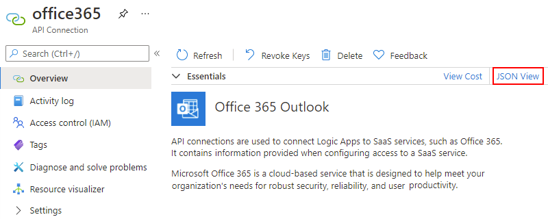 屏幕截图显示了“API 连接”页，其中选择了名为“JSON 视图”的选项。