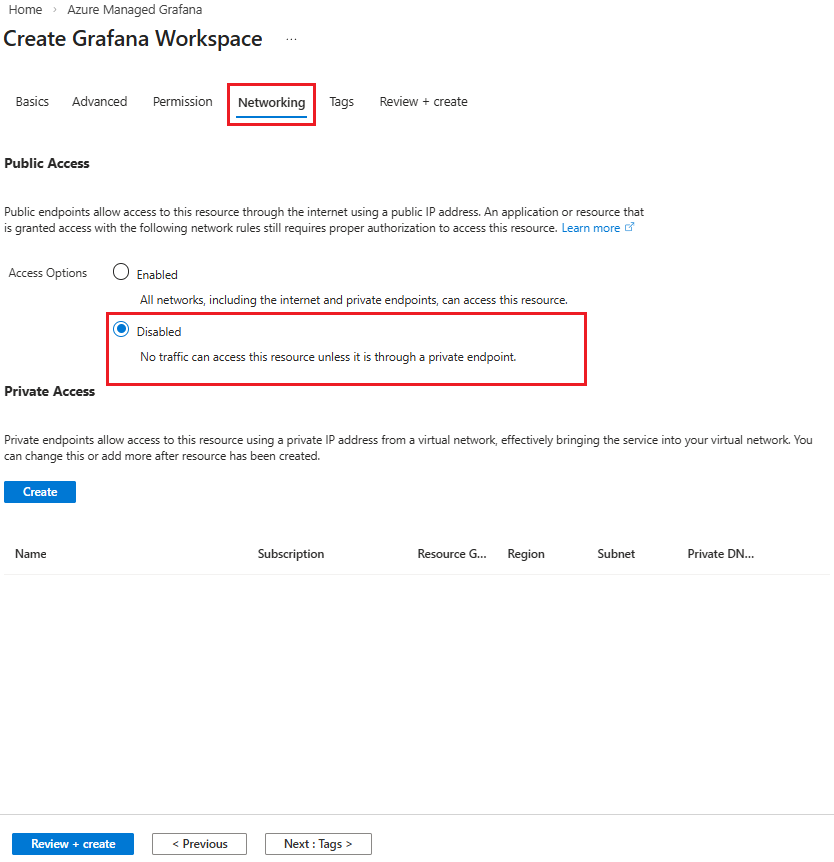 Azure 门户在 Grafana 工作区创建期间禁用公共访问的屏幕截图。