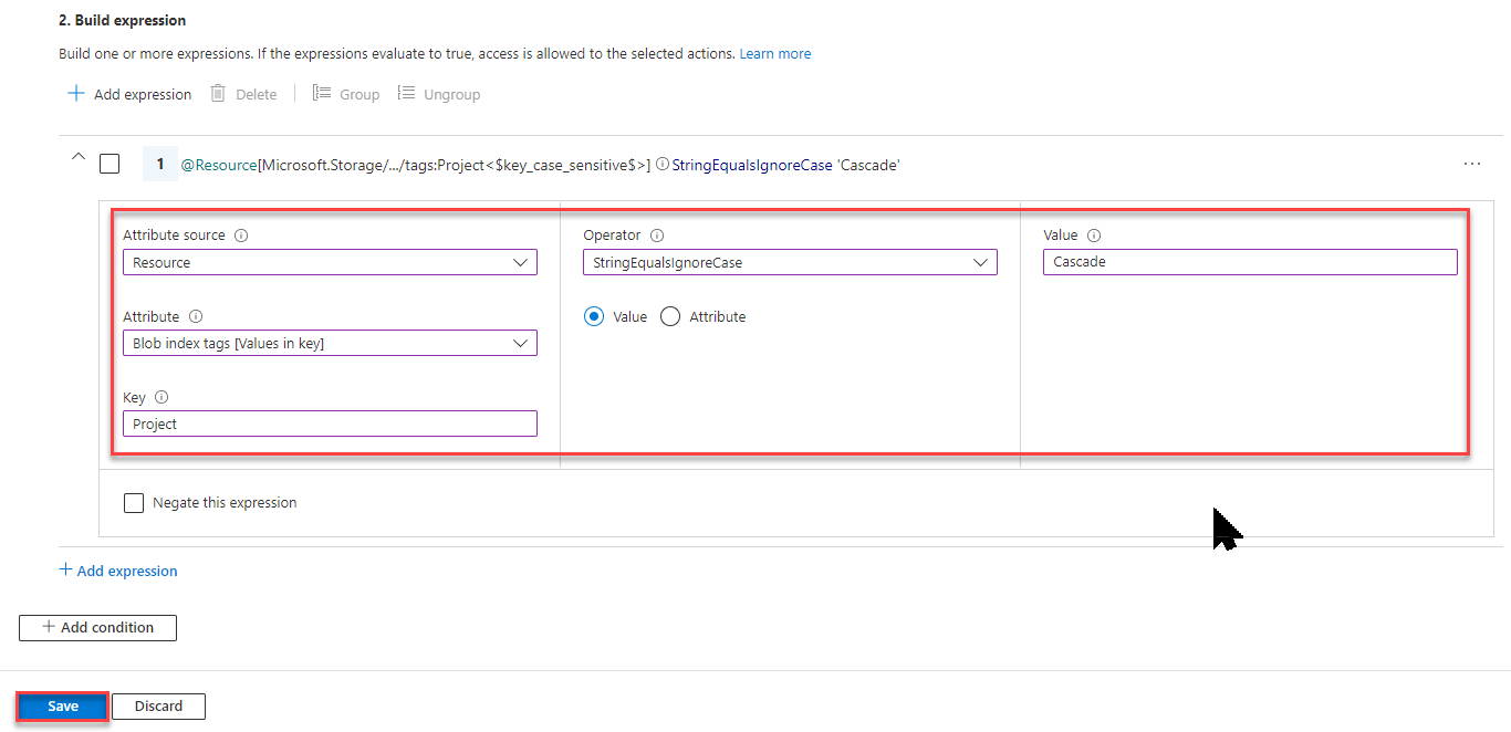 Blob 索引标记的“生成表达式”部分的屏幕截图。