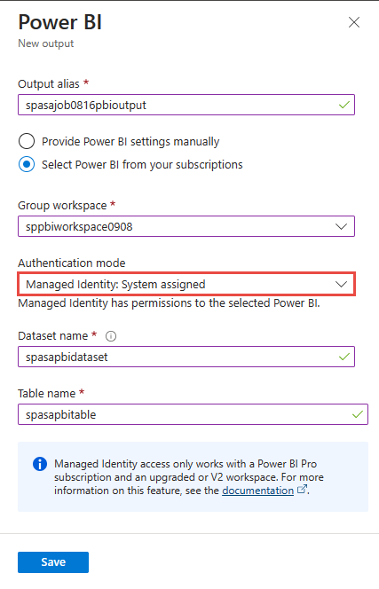 Screenshot showing the Power BI output configuration with Managed identity authentication mode selected.