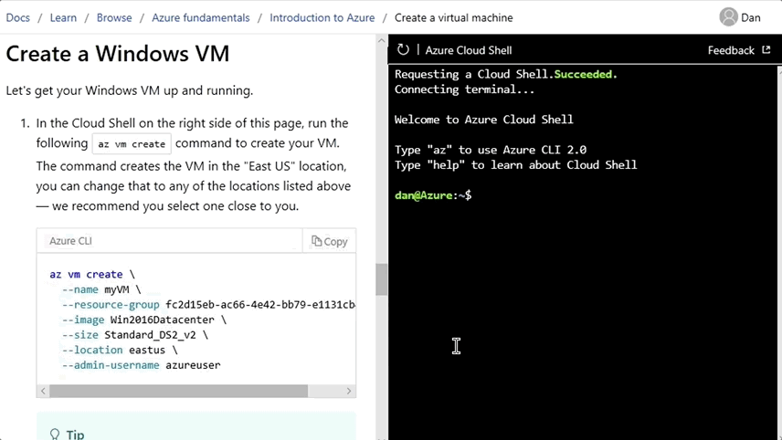 文档点 microsoft dot com 浏览器页的动画 GIF，其中显示用户在文章页中运行 Azure Cloud Shell。