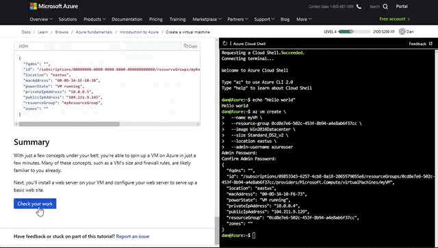 Azure 资源管理器的动画 GIF，显示用户单击“检查工作”按钮并完成课程。