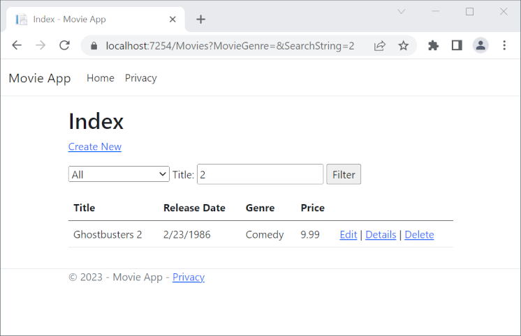 浏览器窗口，显示了 https://localhost:5001/Movies?MovieGenre=Comedy&SearchString=2 的结果