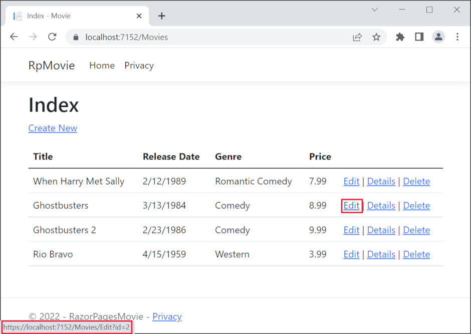 显示鼠标悬停在“编辑”链接上的浏览器窗口，显示了 https://localhost:1234/Movies/Edit/5 的链接 URL
