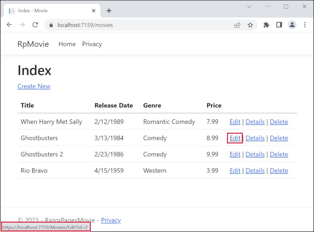 显示鼠标悬停在“编辑”链接上的浏览器窗口，显示了 https://localhost:1234/Movies/Edit/5 的链接 URL