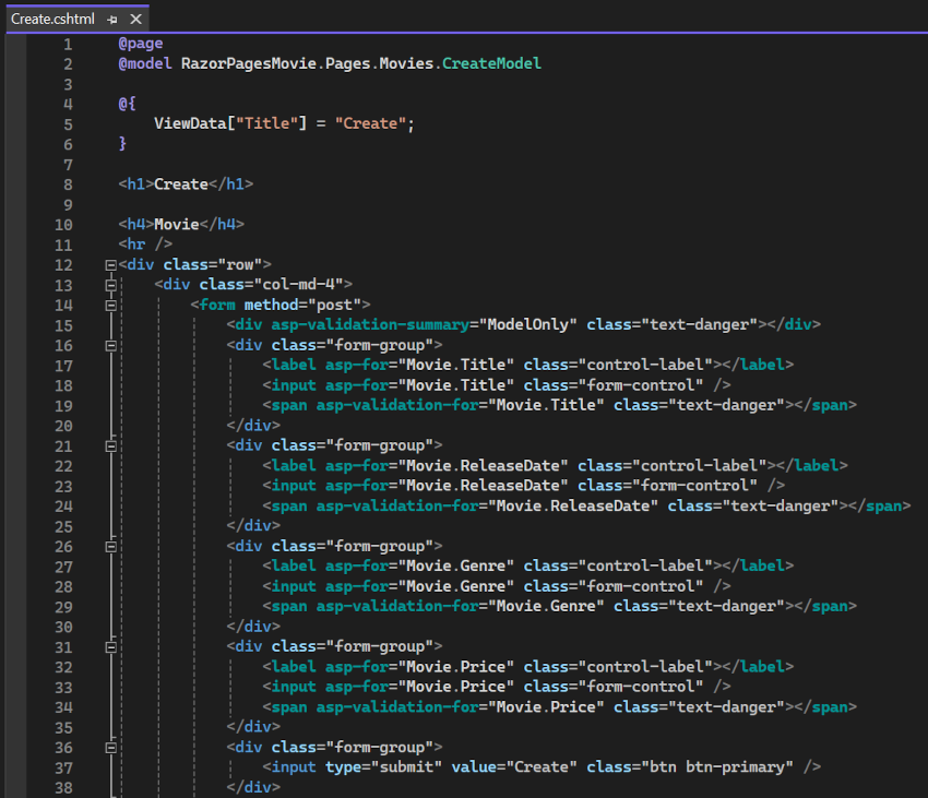 Create.cshtml 页的 VS 视图