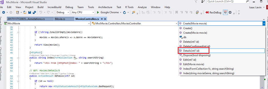 显示电影控制器点 c 选项卡的屏幕截图。在“创建”下拉菜单中,“详细信息”以红色圆圈。