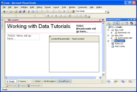 在设计视图中查看时的母版页