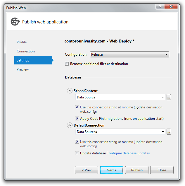 “发布 Web”向导的“设置”选项卡