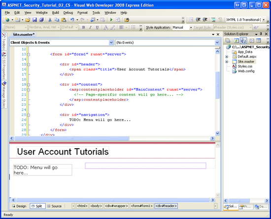在设计视图中查看时的母版页
