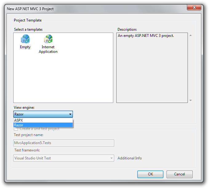 “新建项目”对话框的屏幕截图。视图引擎菜单处于打开状态,并选择了 razor。