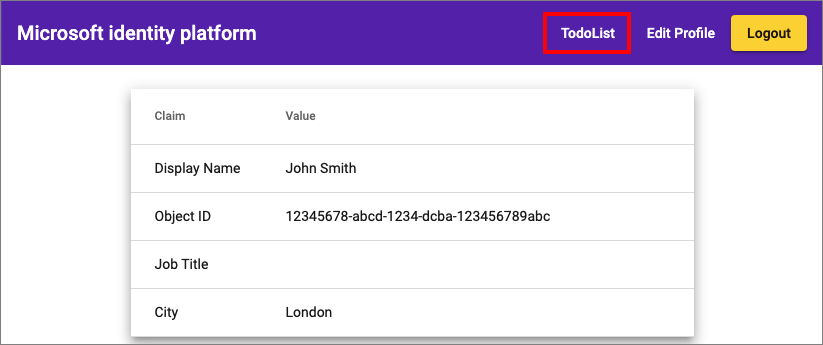 屏幕截图显示了 Angular 示例应用，其中包含用户个人资料以及对待办事项列表的调用。