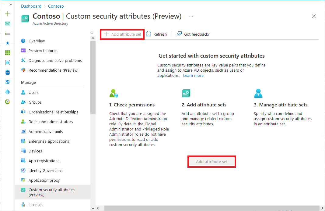 屏幕截图:Microsoft Entra 管理中心中禁用的“添加属性集”选项。