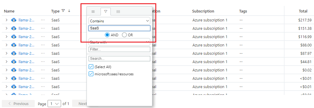 如何按包含字符串 SaaS 的资源类型进行筛选的屏幕截图。
