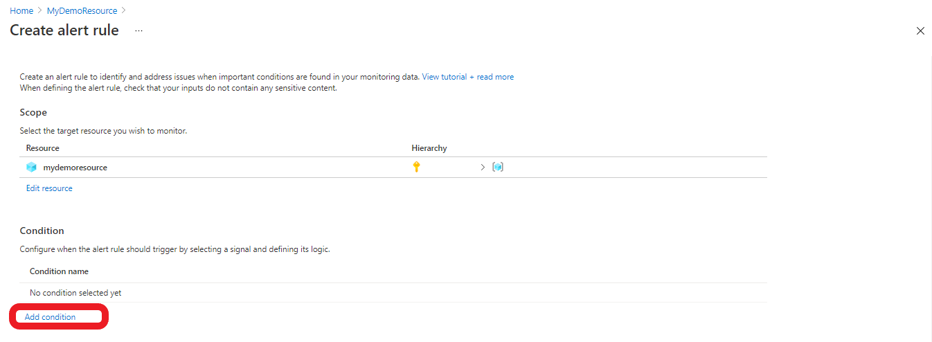 显示警报规则的“添加条件”页面的屏幕截图。
