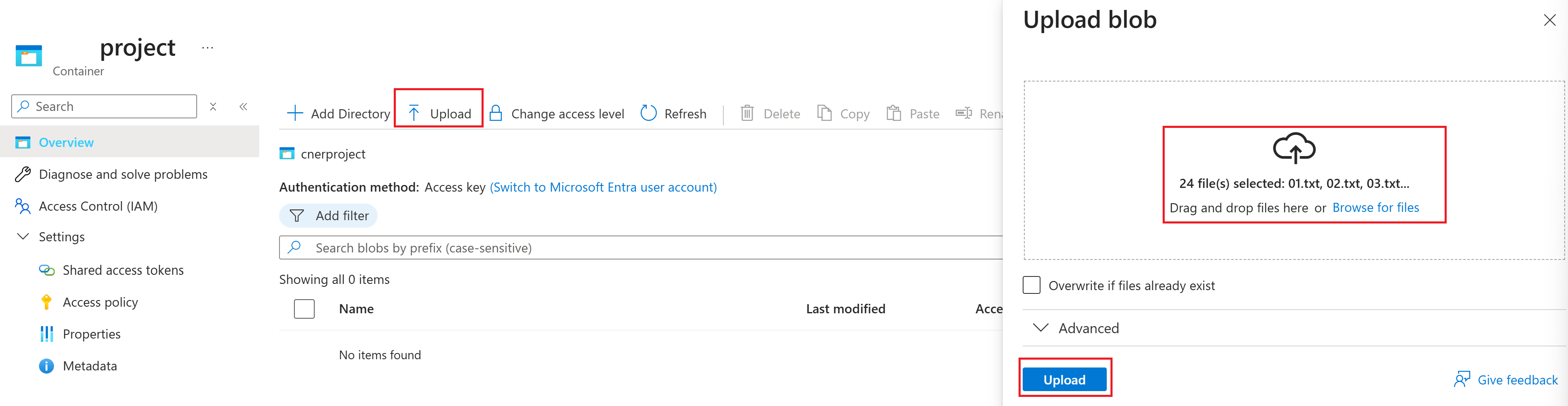 显示用于将文件上传到存储帐户的按钮的屏幕截图。