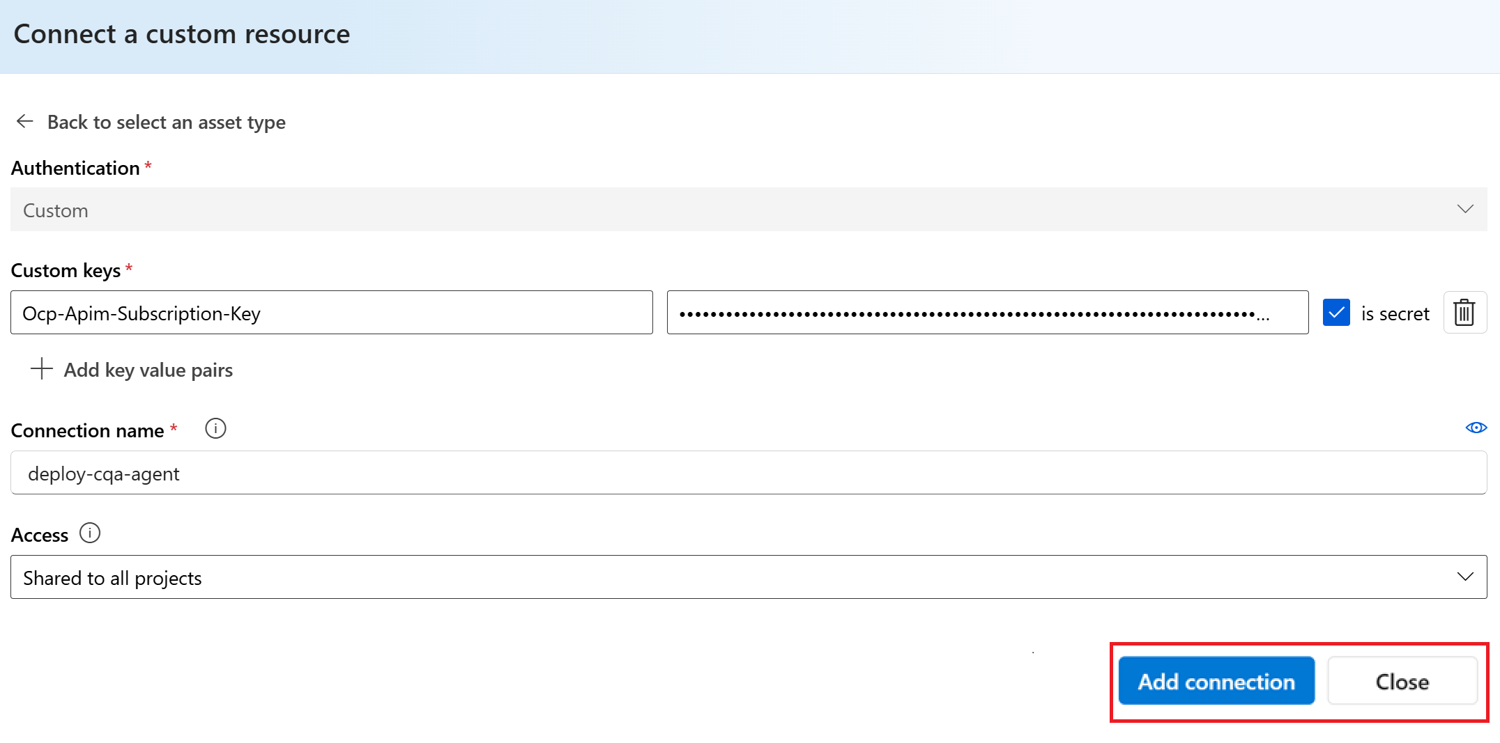 Foundry 中“连接自定义资源”窗口的屏幕截图。