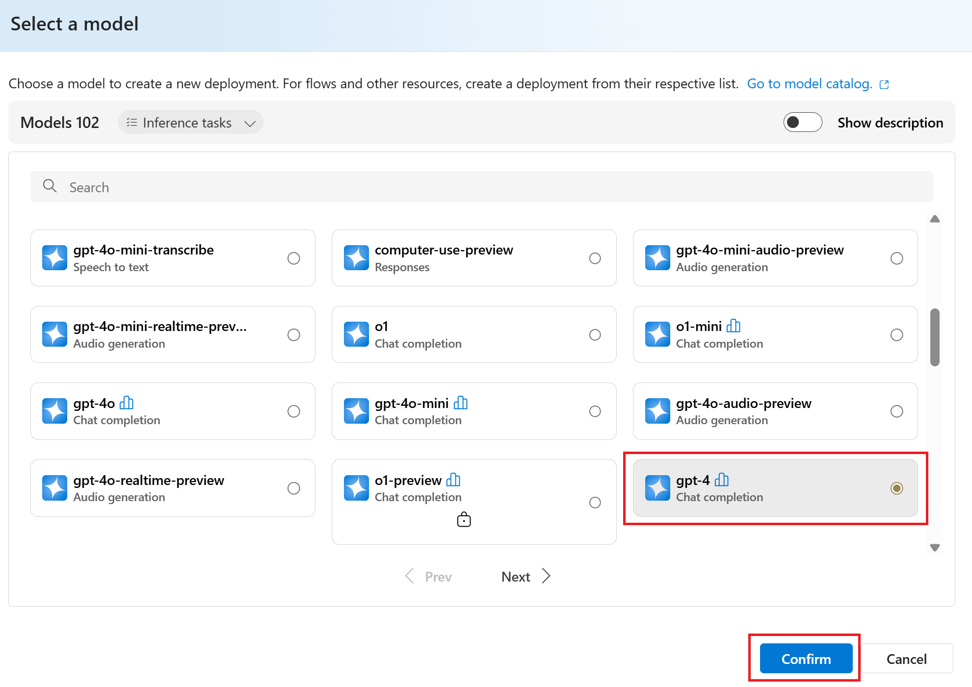 在 Foundry 中“选择模型”界面的屏幕截图。