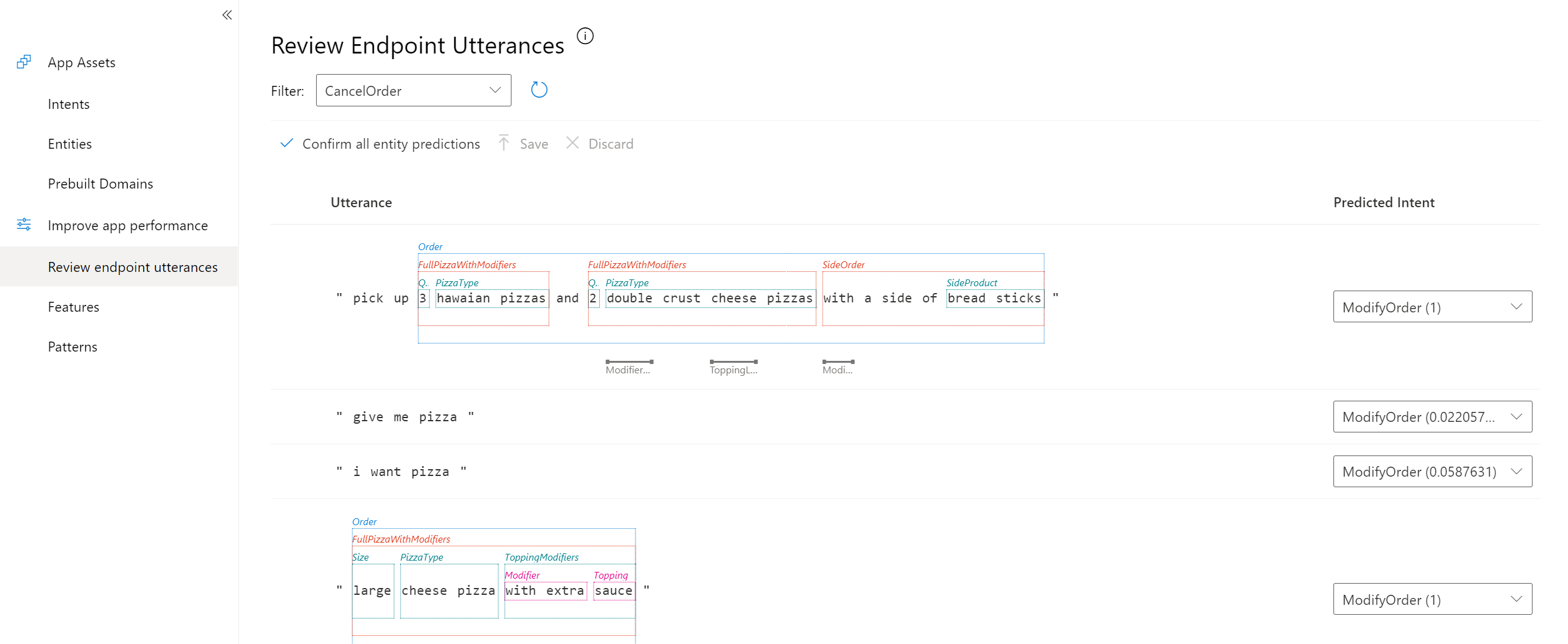 屏幕截图显示了要查看 LUIS 不确定的终结点语句的页面