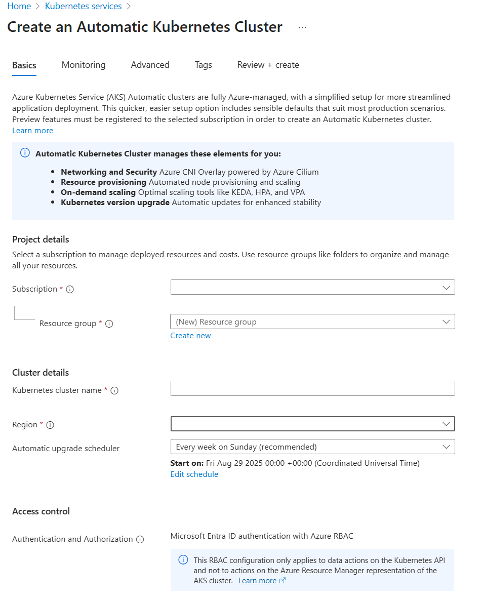 Azure 门户中 AKS Automatic 群集的“创建 - 基本信息”选项卡的屏幕截图。