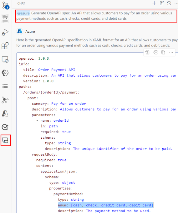 显示如何使用 @azure 扩展从提示生成 OpenAPI 规范的屏幕截图。