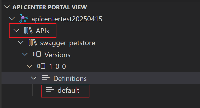 API 中心扩展中 API 中心 API 定义的屏幕截图。