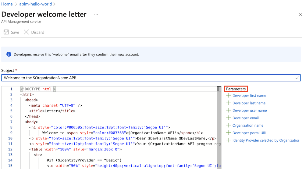 门户中通知模板编辑器的屏幕截图。