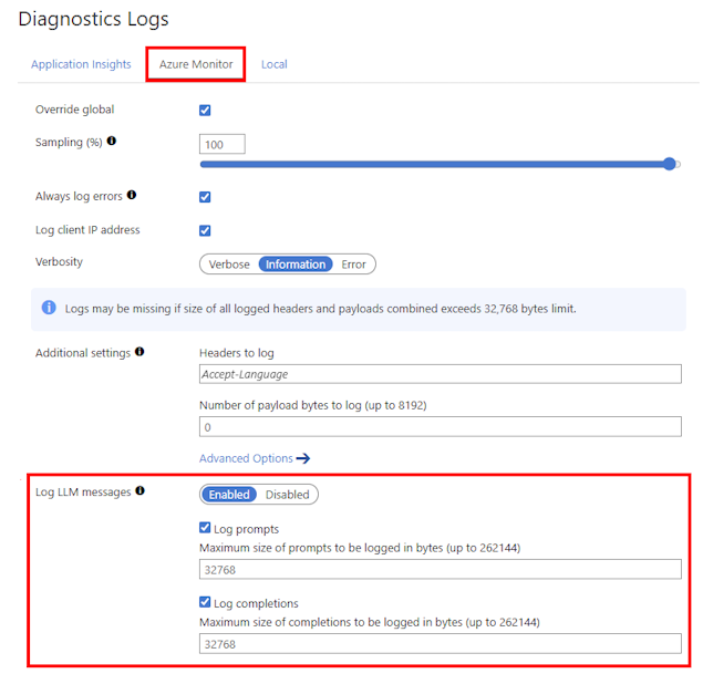 在门户中为 API 启用 LLM 日志记录的屏幕截图。