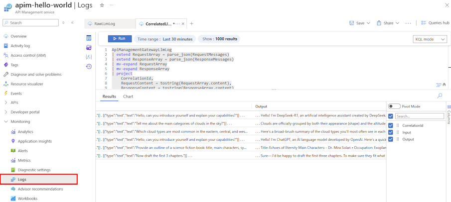 门户中 LLM 日志的查询结果的屏幕截图。