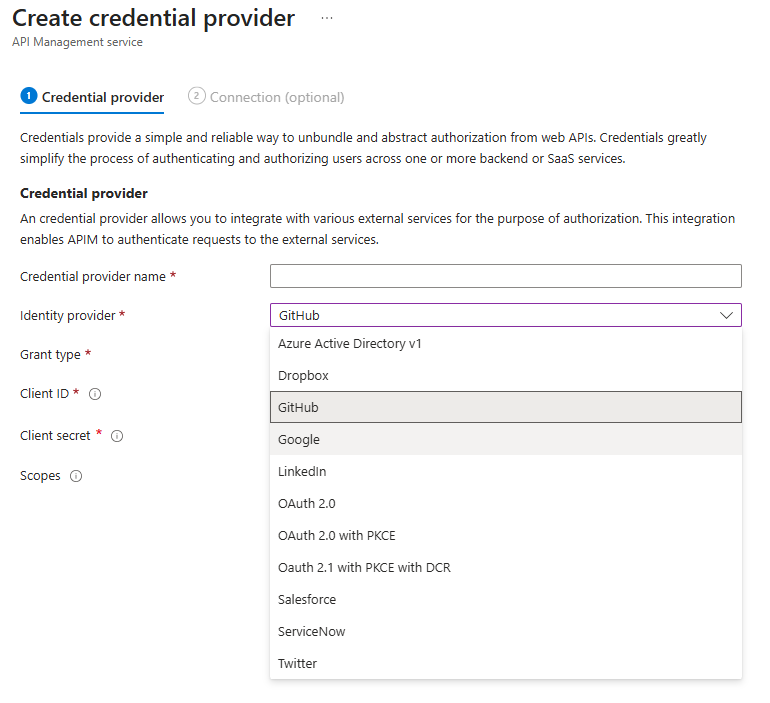 门户中列出的标识提供者的屏幕截图。