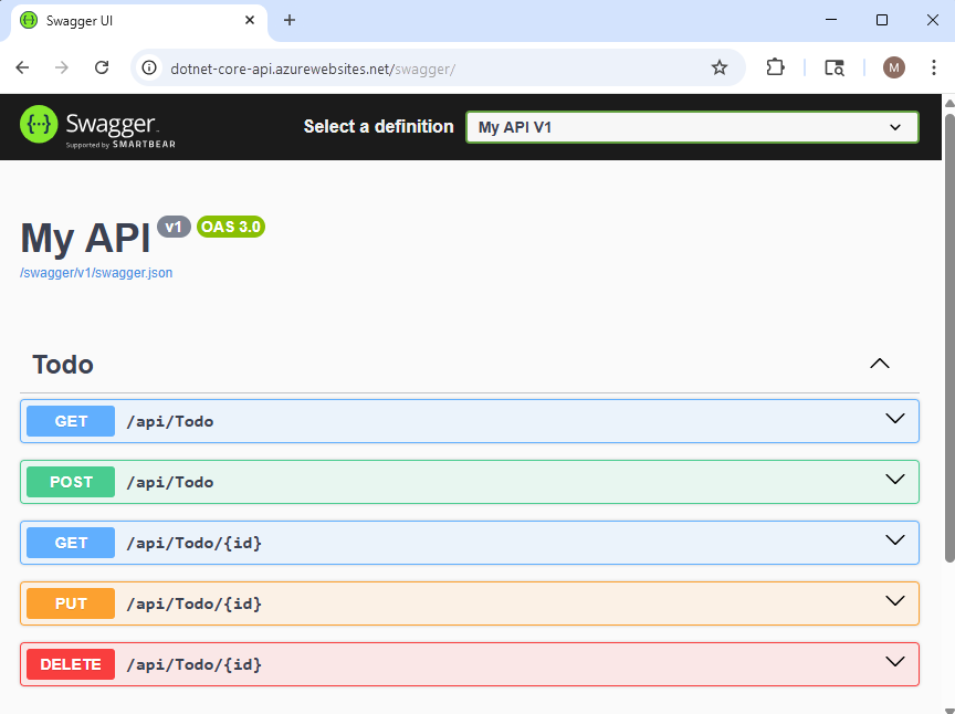 在 Azure 应用服务中运行的 ASP.NET Core API 的屏幕截图。