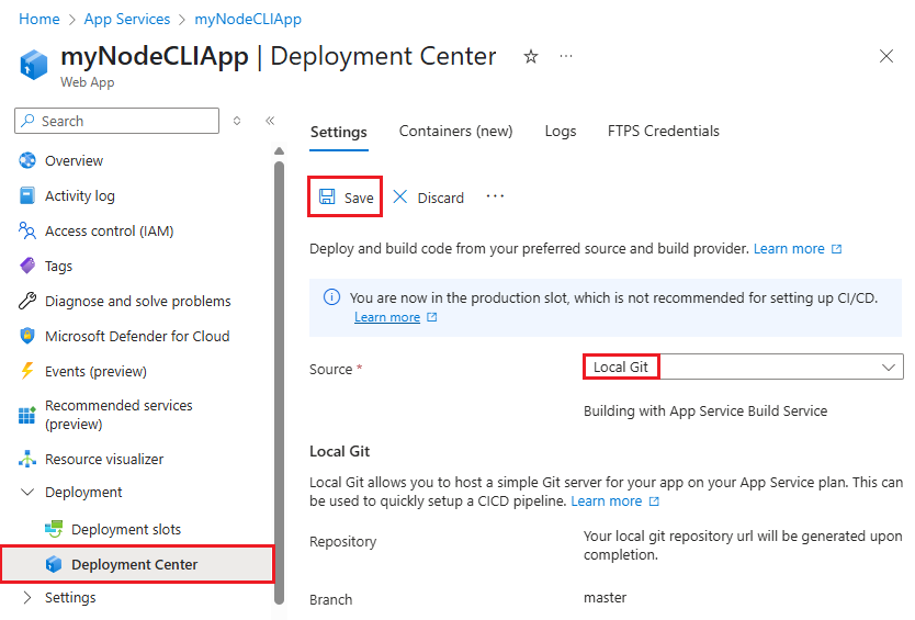 显示如何在 Azure 门户中为应用服务启用本地 Git 部署的屏幕截图。
