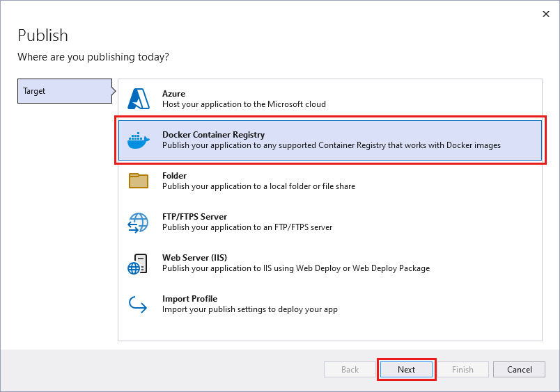 显示“选择 Docker 容器注册表”屏幕的屏幕截图。