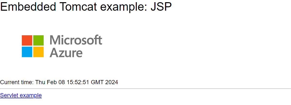 屏幕截图显示在 Azure 应用服务中运行的嵌入式 Tomcat Web 应用。