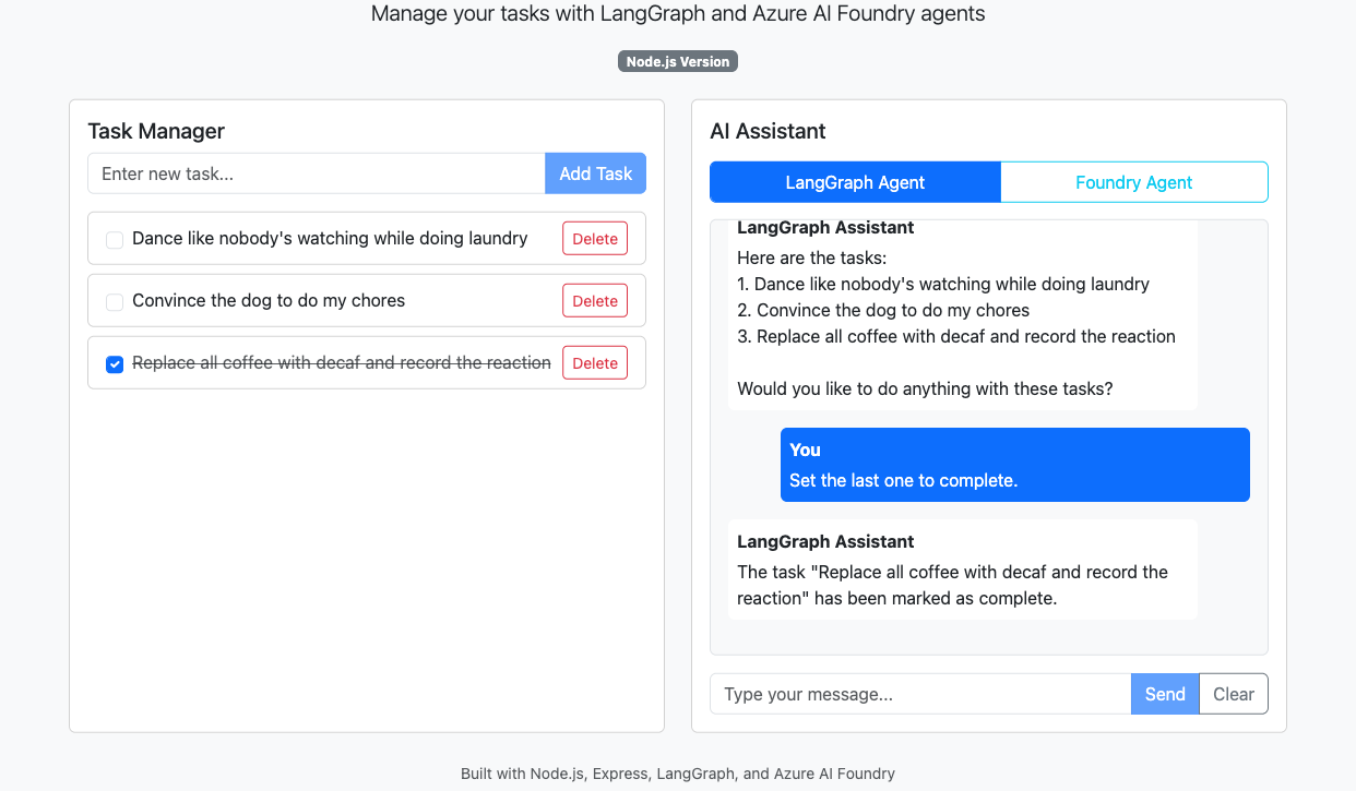 与 LangGraph 代理聊天完成会话的屏幕截图。