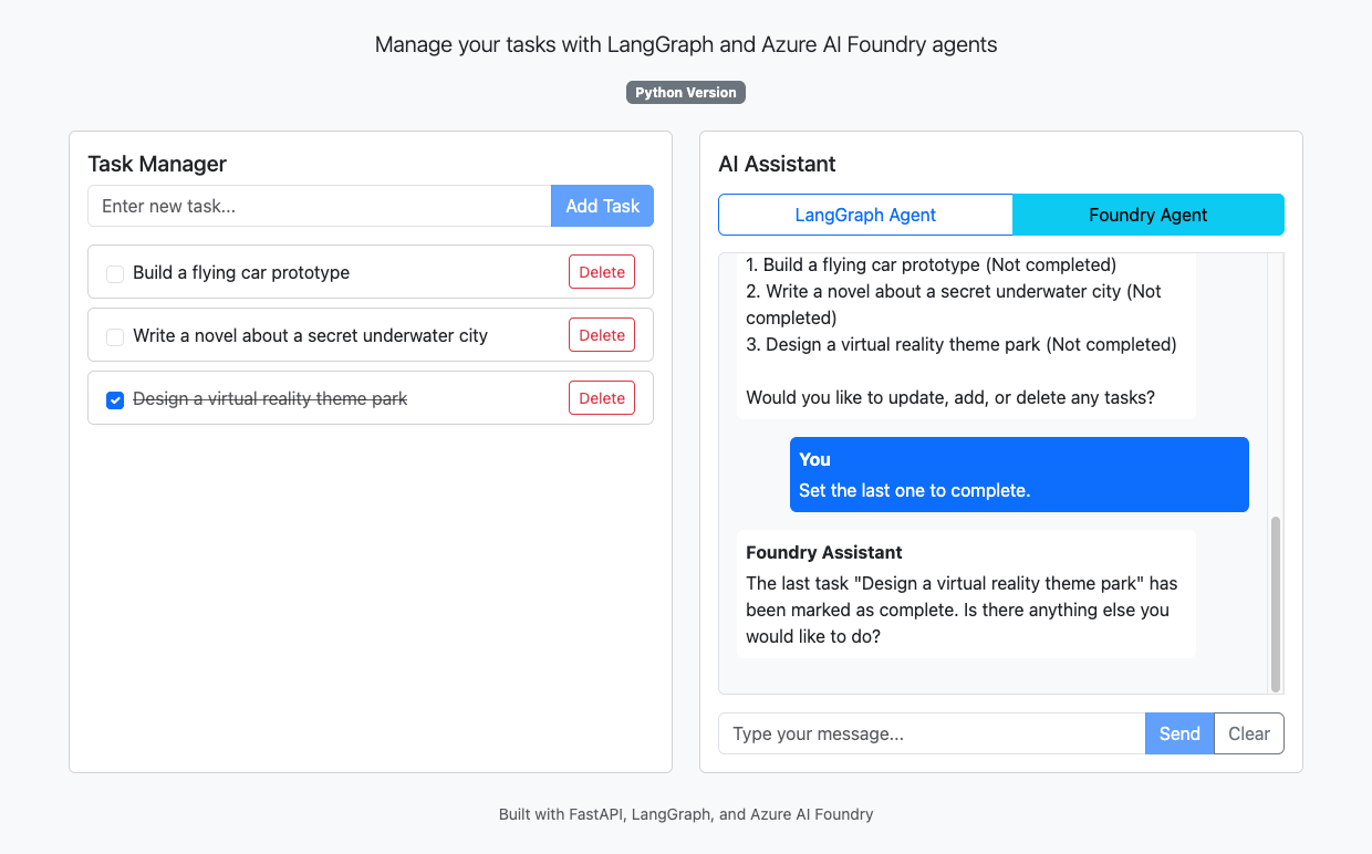 Microsoft Foundry 代理聊天完成会话的截图。