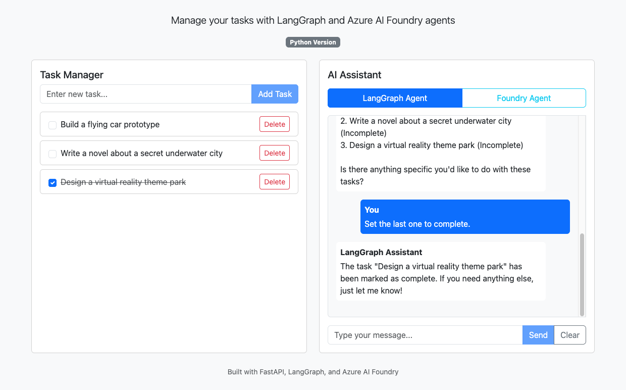 使用 LangGraph 智能体进行的聊天补全会话的屏幕截图。