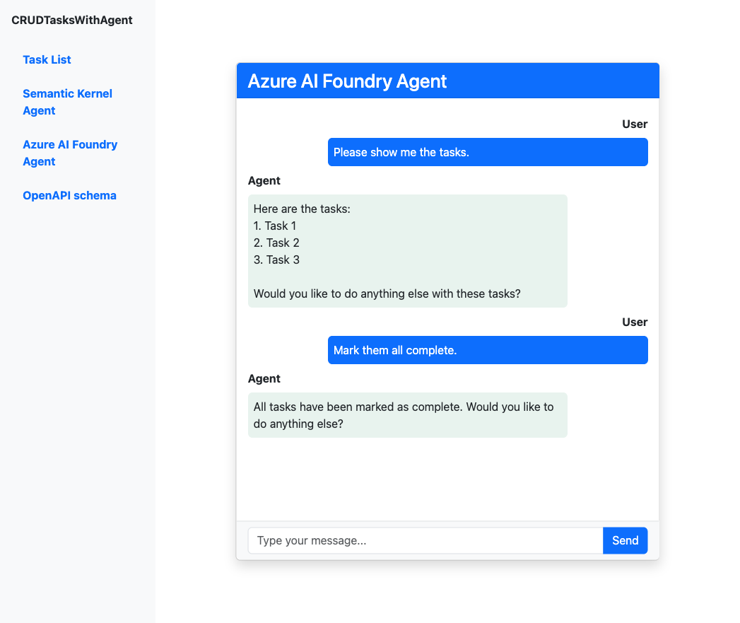 与 Microsoft Foundry 代理的聊天完成会话屏幕截图。