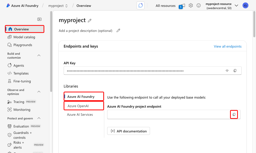 显示如何在 Foundry 门户中复制 OpenAI 终结点和 Foundry 项目终结点的屏幕截图。