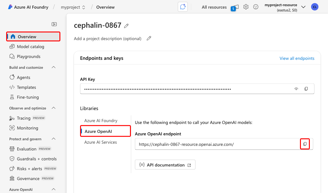 显示如何在 Foundry 门户网站中复制 OpenAI 端点的屏幕截图。