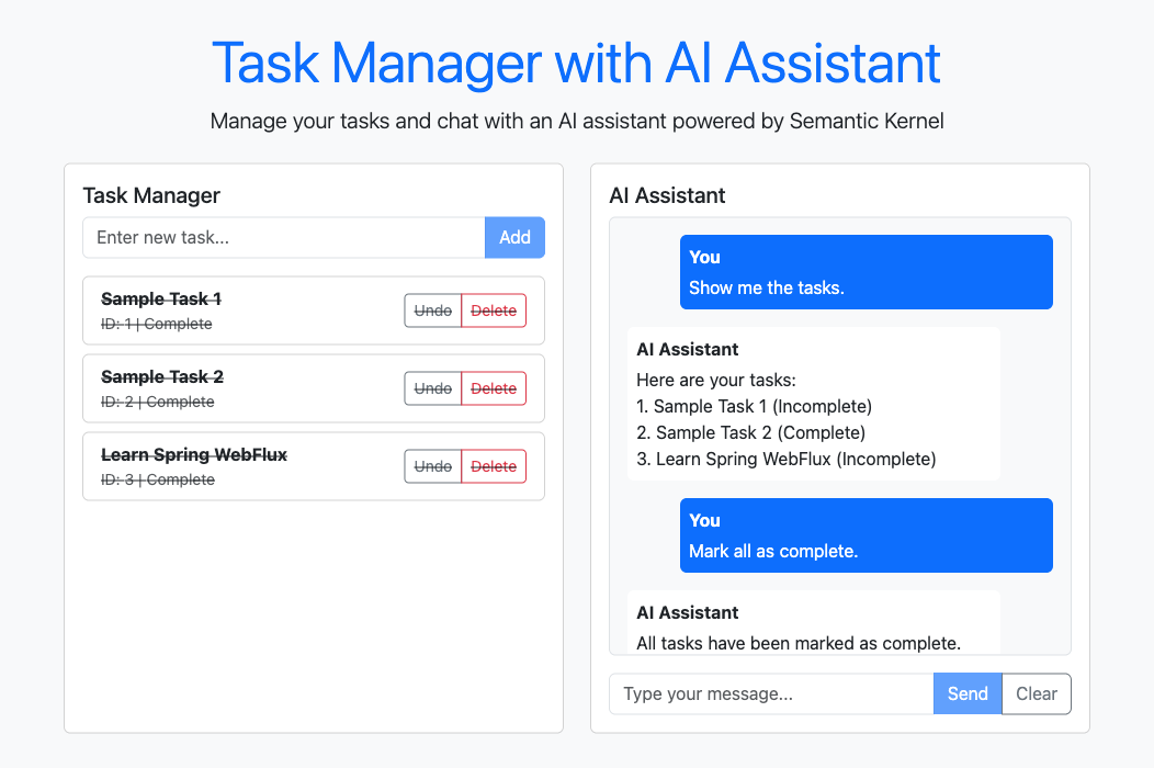 语义内核代理聊天完成会话的屏幕截图。