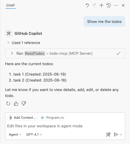屏幕截图显示了在 GitHub Copilot Chat 窗口中调用 MCP 工具时的响应。